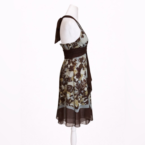 BCBG Max Azria 100% Silk Halter Dress | Brown Floral | Women's Size 4 - Picture 4 of 7